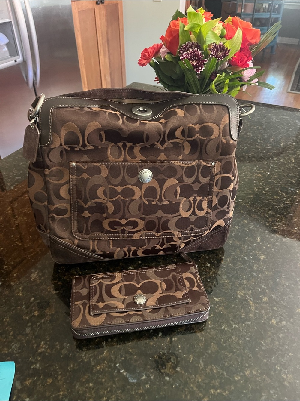 Coach Brown Signature Canvas Shoulder Bag with Matching Wallet
